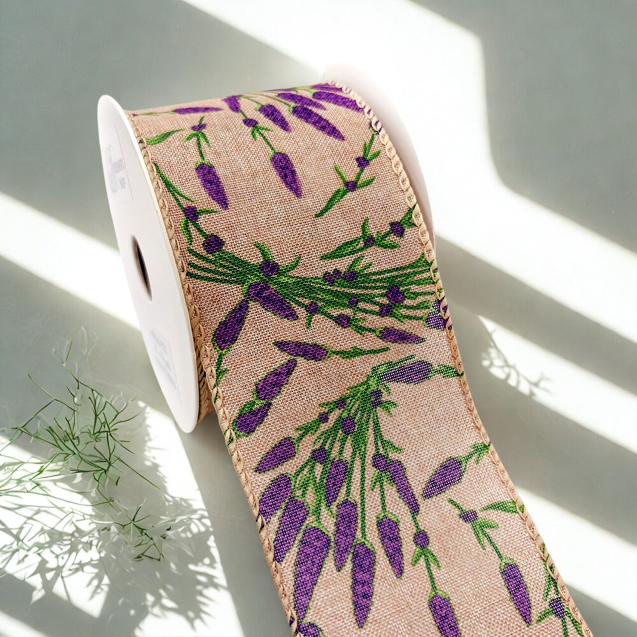 Designer’s Shop Lavender Wired Ribbon 2.5 Inch x 10 Yards – Purple Lavender Floral on Natural Burlap Ribbon. WR 63-5233